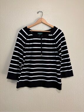 Lauren Ralph Lauren Black/White Stripes 3/4 Sleeve Lightweight Sweater Size L